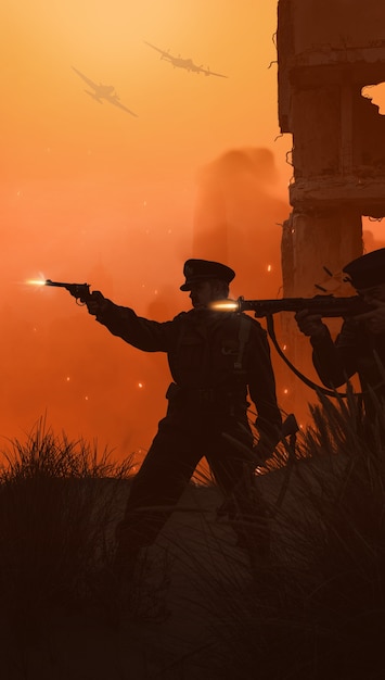 War and conflict landscape with soldiers