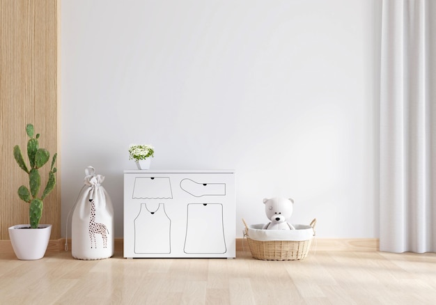 Wardrobe in white child room interior with copy space