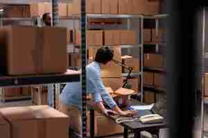 Free photo warehouse employee checking shipping details on laptop computer before start packing clients orders, putting clothes in carton boxes, preparing for delivery. woman working in delivery department