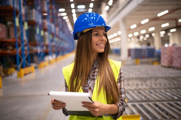 Warehouse inventory manager holding checklist and looking aside