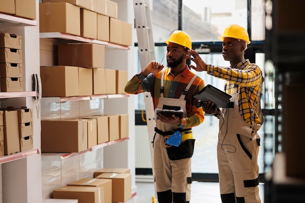 Free photo warehouse manager training assistant doing inventory with barcode scanner