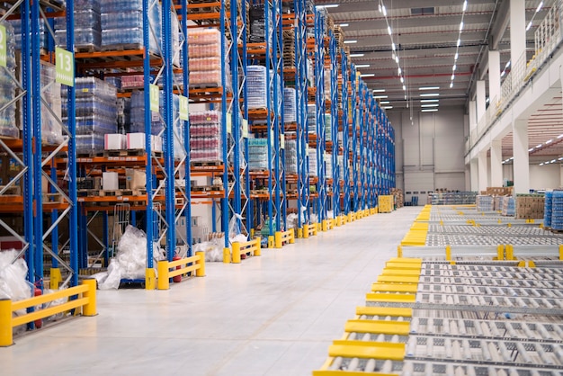 Warehouse storage interior with shelves loaded with goods