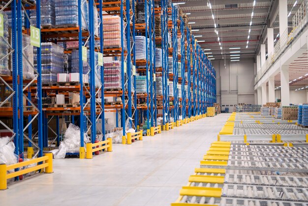 warehouse storage interior with shelves loaded with goods