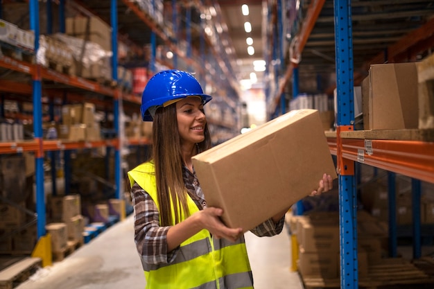 Warehouse worker placing cardboard boxes on the shelf in big warehouse storage area