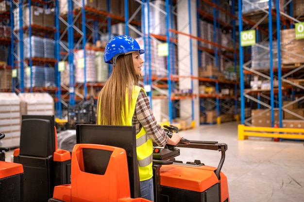 Warehouse worker in protective work wear driving forklift and manipulating goods in storage facility
