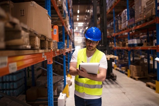 Warehouse worker writing down inventory report on products in large storage area