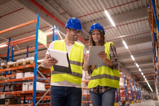 Warehouse workers controlling distribution on tablet in large warehouse storage area