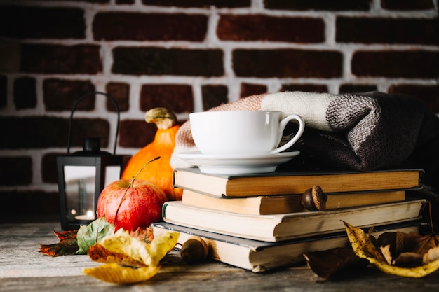 Warm arrangement of books and foliage