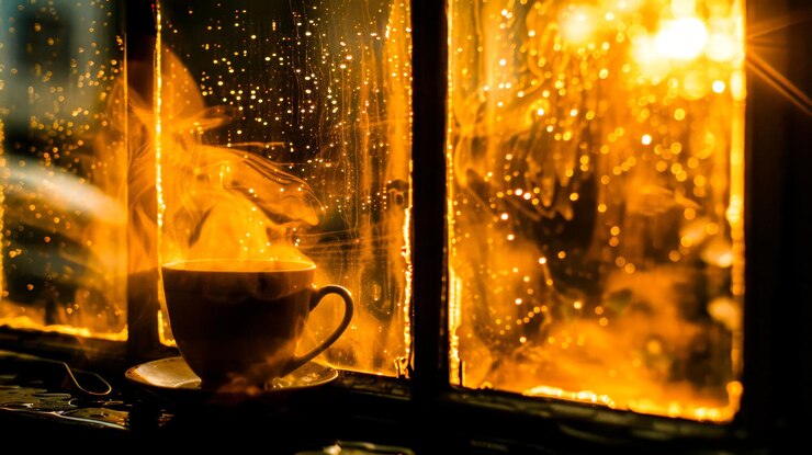 Free Photo a warm cup of tea on a rainy afternoon the steam rising in the soft golden light that filters through rainstreaked windows