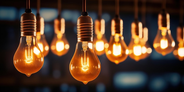 Free photo warm filament bulbs cast a cozy amber glow in a dimly lit room