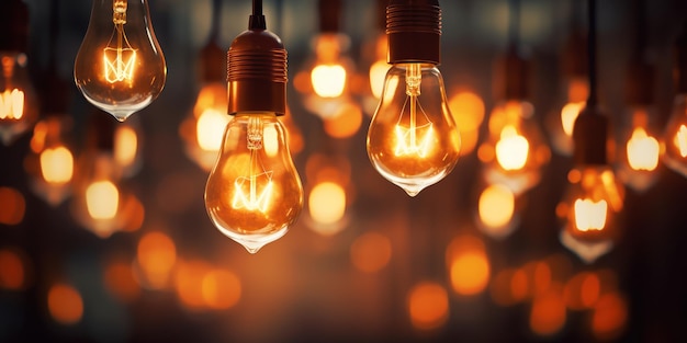 Warm filament bulbs cast a cozy amber glow in a dimly lit room