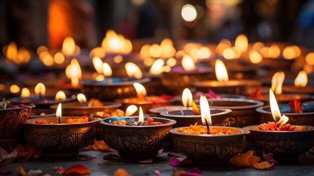 Free Photo warm glow from numerous diwali diyas casts a soft light celebrating the festival of lights