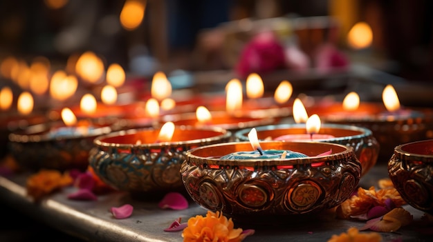 Free Photo warm glow from numerous diwali diyas casts a soft light celebrating the festival of lights