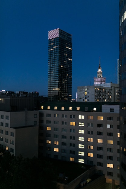 Free photo warsaw downtown at night poland. night skycrappers