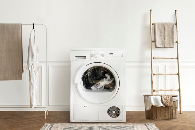 Washing machine in a minimal laundry room interior design