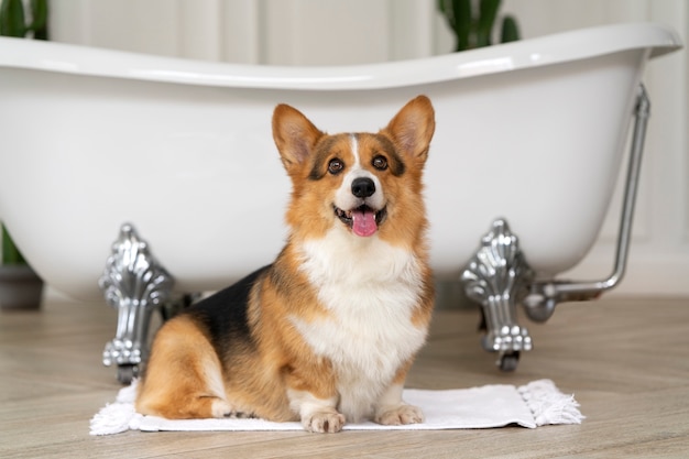 Free photo washing pet dog at home
