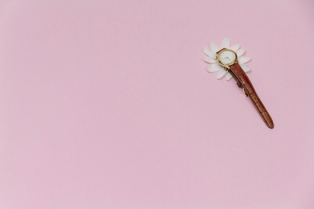 Watch and petals on pink background