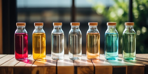 Foto gratuita bottiglie d'acqua su legno con tappi colorati