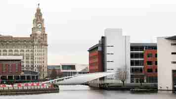 Free photo water channels in liverpool united kingdom modern buildings royal liver building cloudy weather