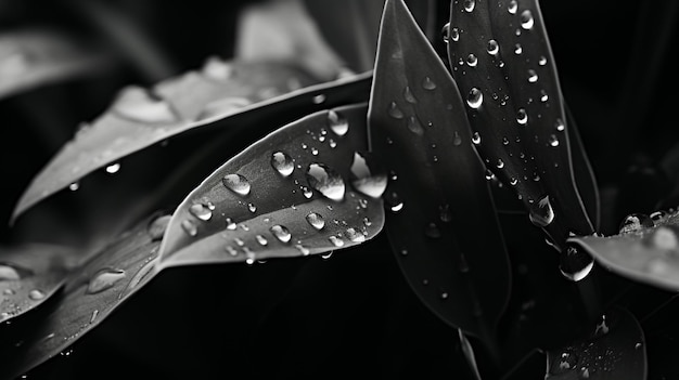 Free photo water drops on leaves black and white image