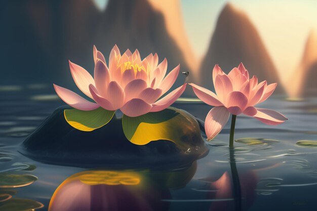 A water lily in the water with a mountain in the background.