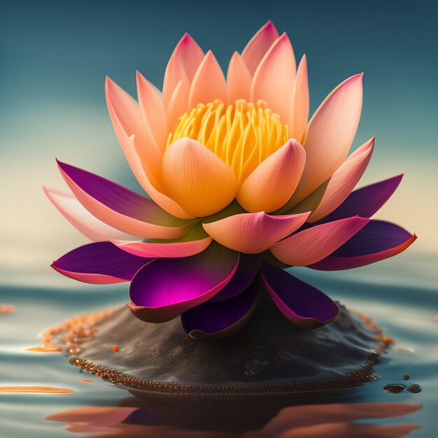 A water lily with a purple and yellow flower on it