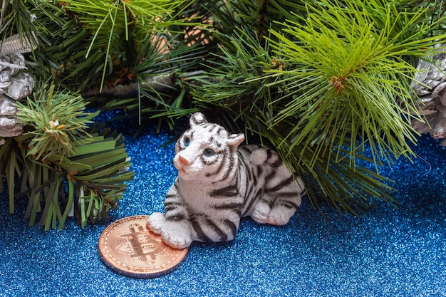 The water tiger is the symbol of the chinese new year 2022. toy tiger holding a bitcoin coin on a blue shiny background like on water with branches of a spruce. success and wealth concept in 2022