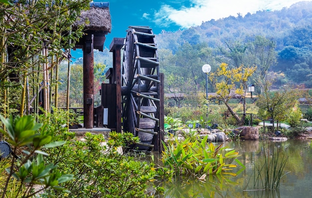 Free photo water wheels on river amidst trees