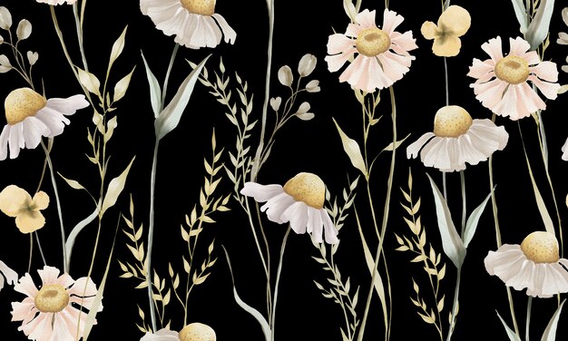 Premium Photo Watercolor Daisies Flowers With Green Leaves Pattern Isolated On Black Background Premium Photo Watercolor Daisies Flowers With Green Leaves Pattern Isolated On Black Background