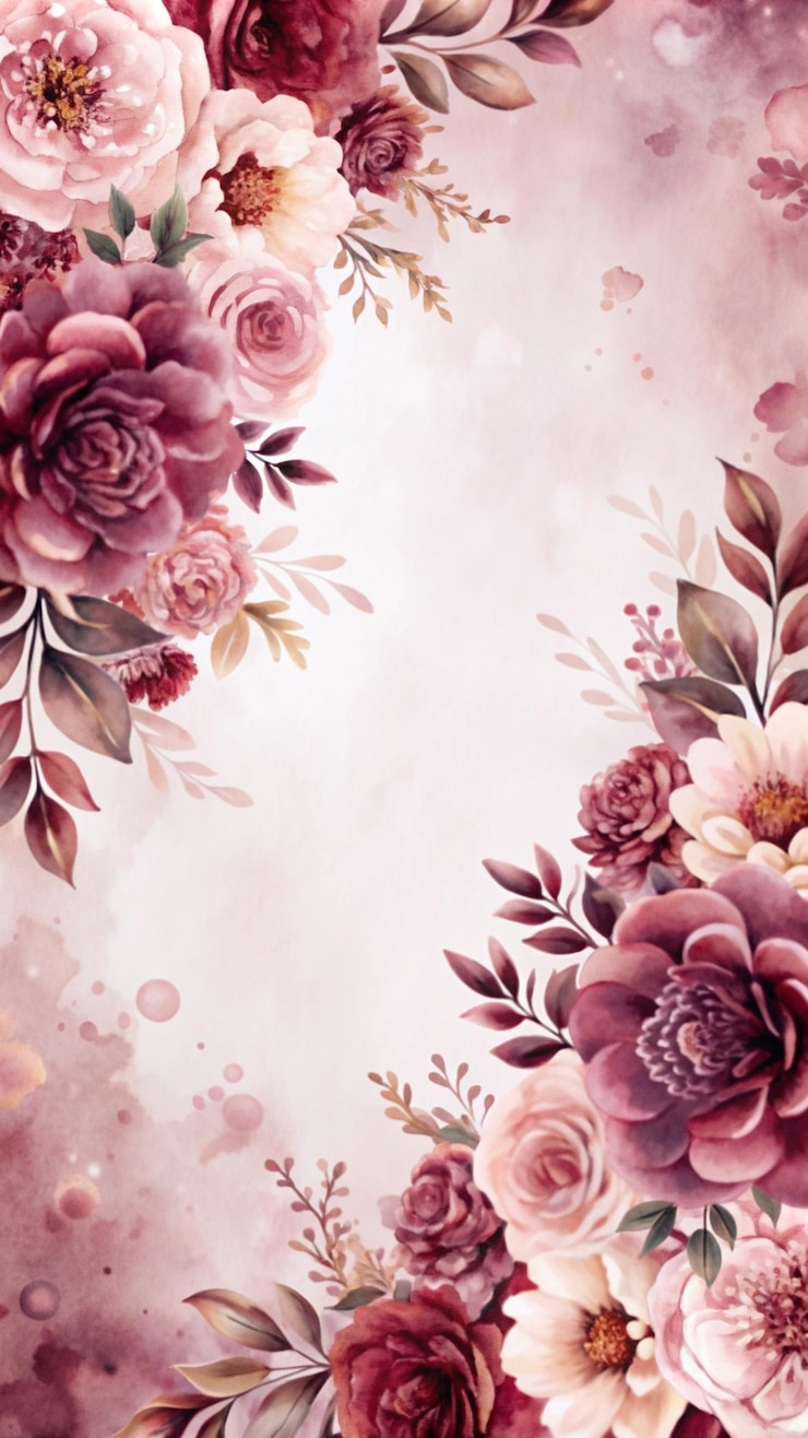 無料Photo 淡いピンクの背景にピンクとマルーンの花が描かれた水彩の花の境界