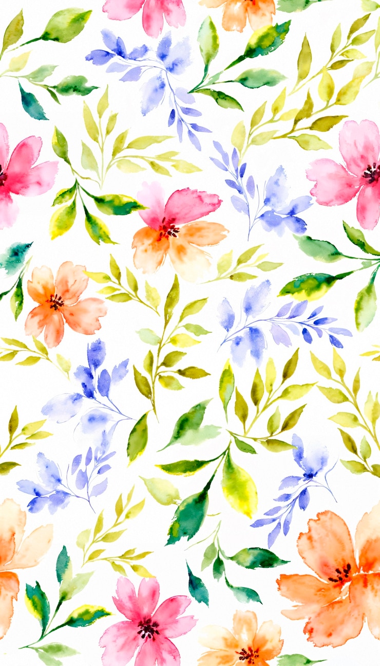 無料Photo ピンク,オレンジ,青の花が描かれた水彩の花のパターン