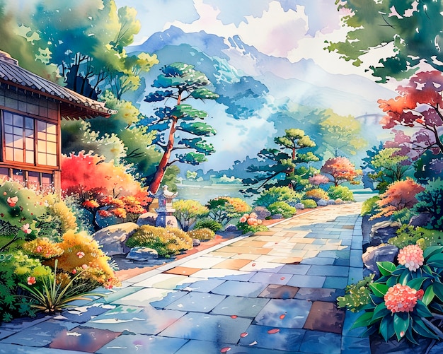 Free photo watercolor landscape from japan with traditional elements