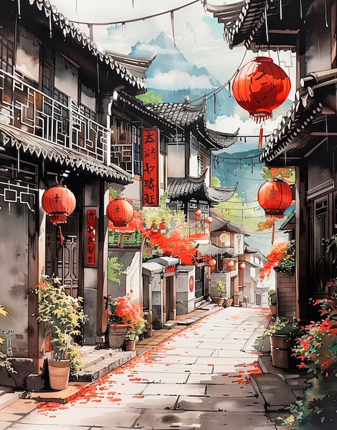 Free photo watercolor landscape from japan with traditional elements