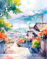 無料写真 伝統的な要素を備えた日本の水彩画風景