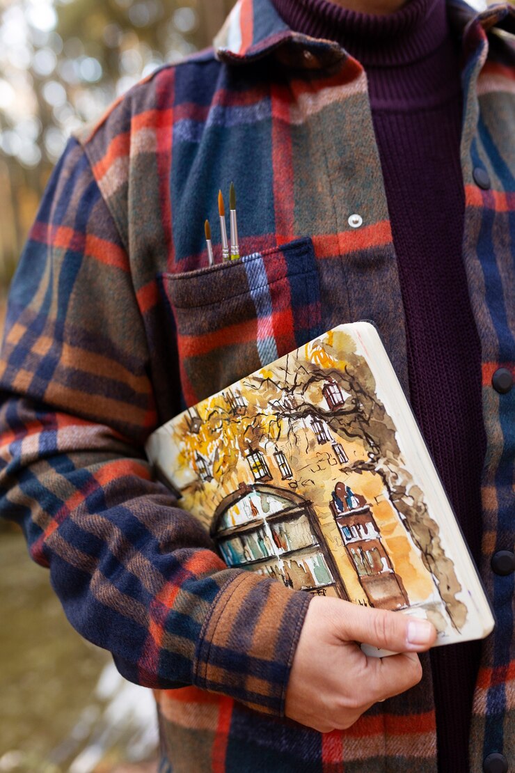 Free Photo watercolor painting artist outdoors in the forest