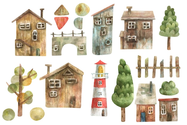 Акварельный набор с милыми декоративными домами, деревьями, заборами, маяками