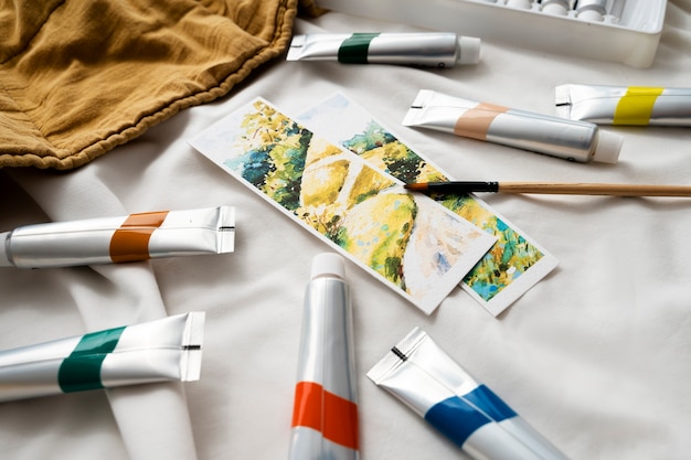 Free photo watercolors and bookmarks high angle