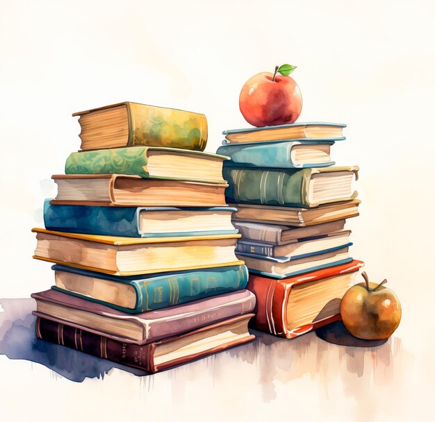 Акварельная иллюстрация с книгами для "Снова в школу"