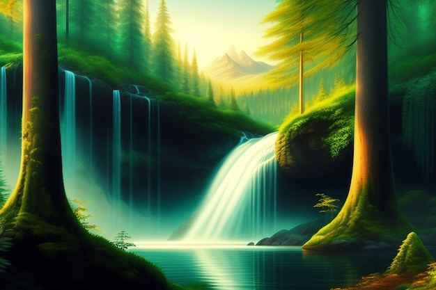 Водопад в лесу на зеленом фоне