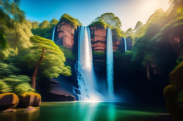 A waterfall in the forest with a green background