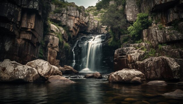 A waterfall in the forest with a green background