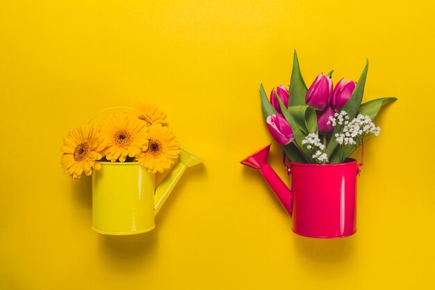 Watering cans with flowers on yellow background