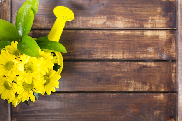 Watering pot and yellow flowers