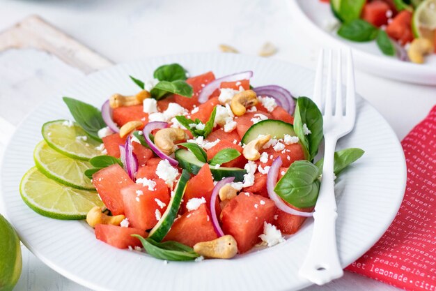 Watermelon salad with basil, mint, red onion, cucumber and cashew nuts