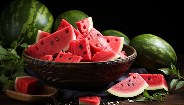 Free photo watermelon slice fresh and juicy on a rustic wooden plate generated by artificial intellingence