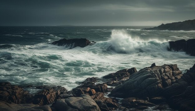 Free photo wave crashing against rough cliff during sunset generated by ai