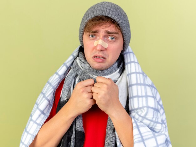 Weak young handsome blonde ill man wearing winter hat and scarf wrapped in plaid looking at front with plaster on nose isolated on olive green wall