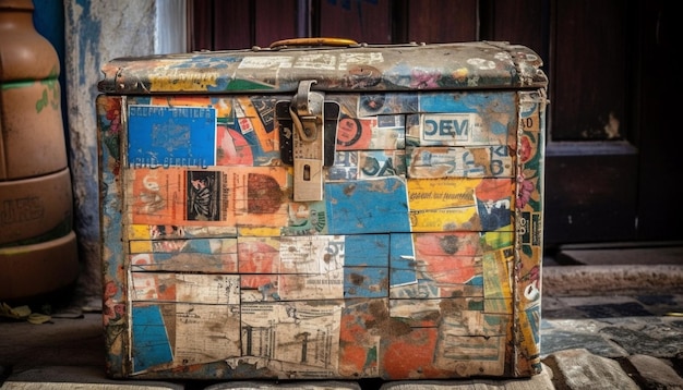 AI가 생성한 오래된 가구 위에 쌓인 풍화된 골동품 가방