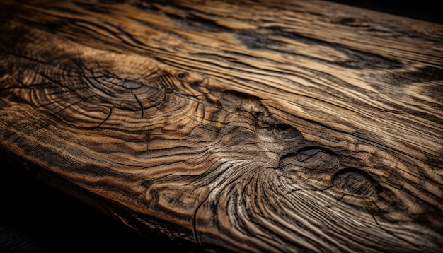 Weathered plank on knotted tree trunk backdrop generated by ai