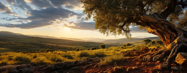 Бесплатное фото Веб-баннер со старым оливковым деревом на склоне на закате. идея копирования места для фона или рекламы.